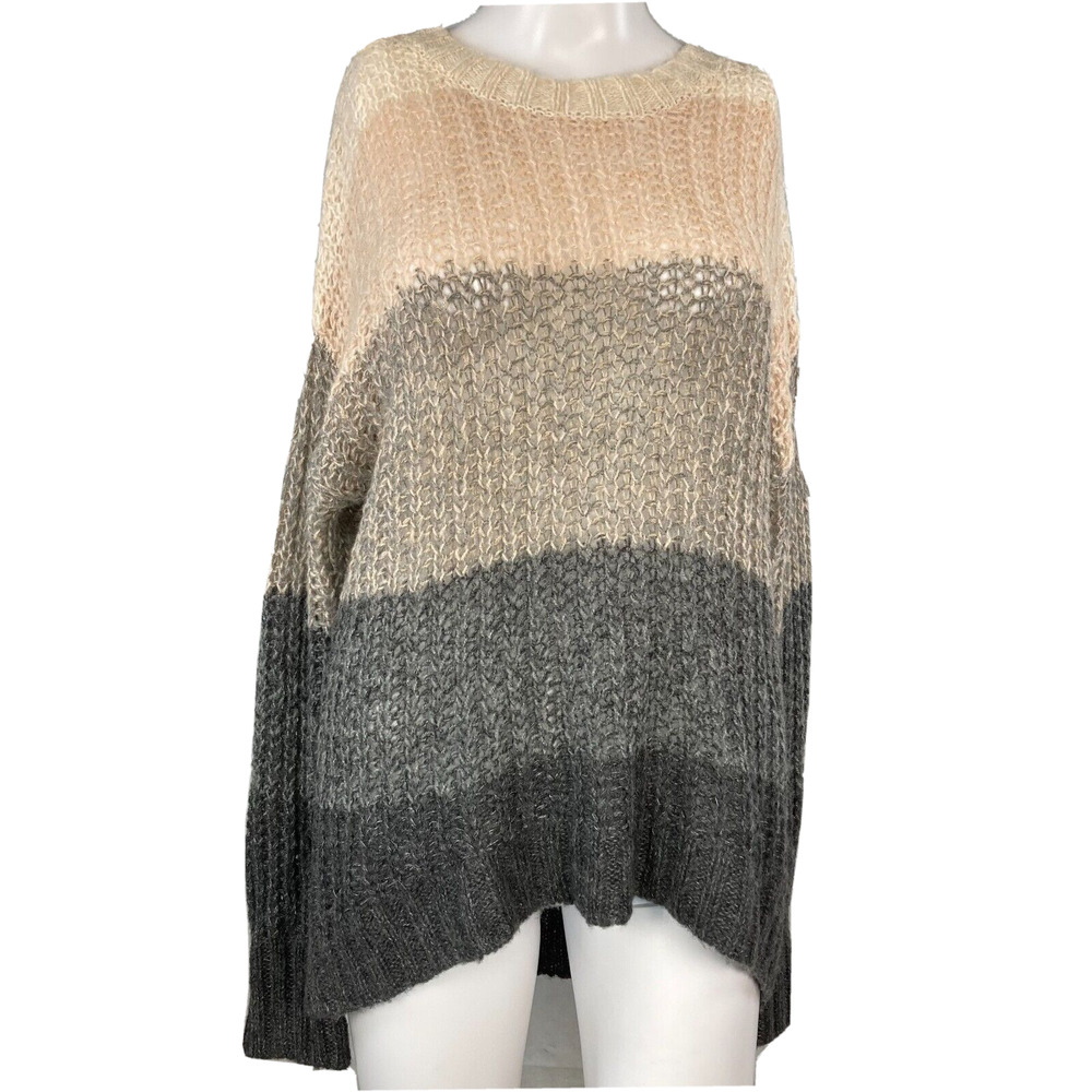 AE American Eagle Sweater Womens Sz S Beige Gray Striped Wool Knit Pullover